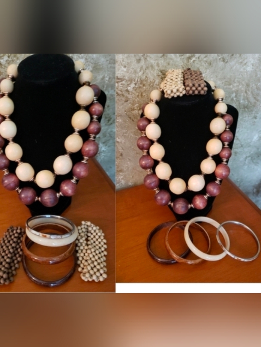 Boho Artisan Wooden Jewelry Set 2Necklaces 2 Bracelets Ivory Browns +4 Gifts New - Picture 2 of 10